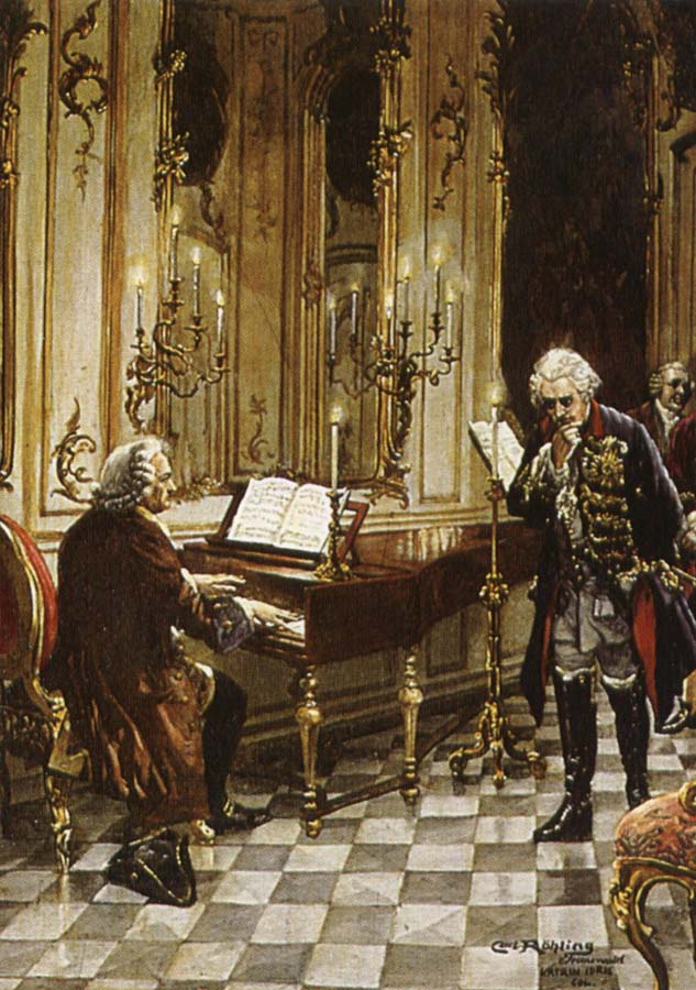 a romanticized artist s impression of bach s visit to frederick the great at the palace of sans souci in potsdam